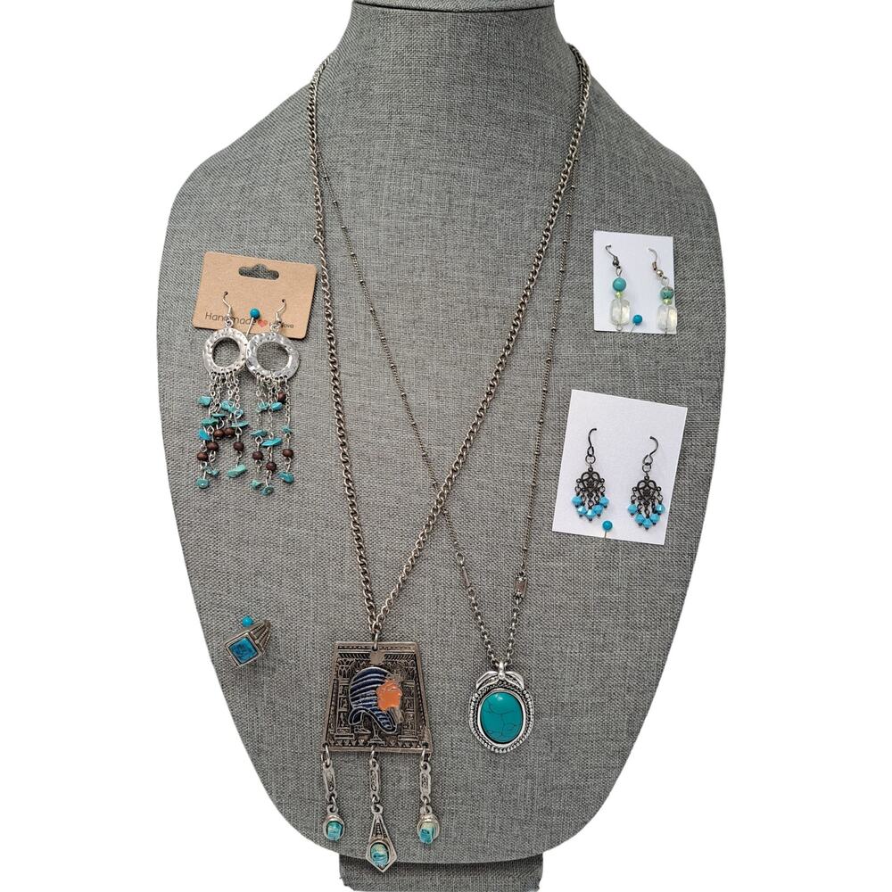 Costume Jewelry Boho Faux Turquoise Silver Tone Necklace Ring Earrings Vtg Mod